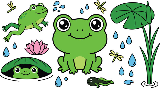 Cute Kawaii Green Frog Set with Tadpole Turtle Dragonfly Lotus Water Drop Lily Pad and Reed Pond Nature Vector Illustration