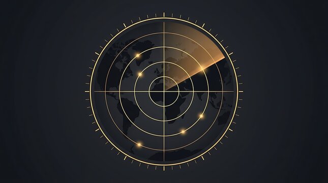 Golden radar screen with world map background, sonar scanning interface with target blips, luxury digital tracking display for security and defense