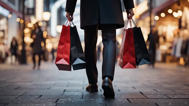 Man walking down busy shopping street carrying multiple bags