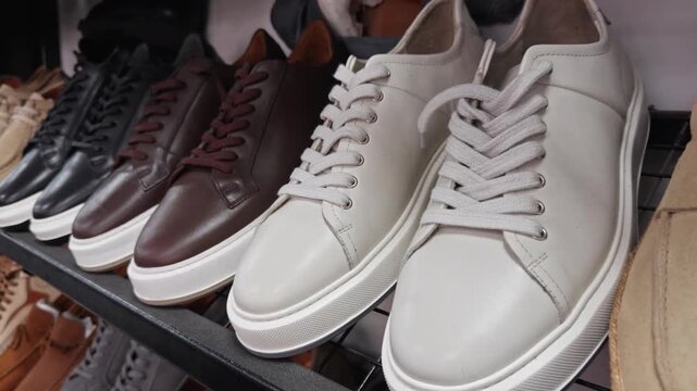 Cinematic 4K footage of men's shoes neatly arranged on metal shelves in a retail store. Loafers, oxfords, sneakers and moccasins in various colors and materials on display.