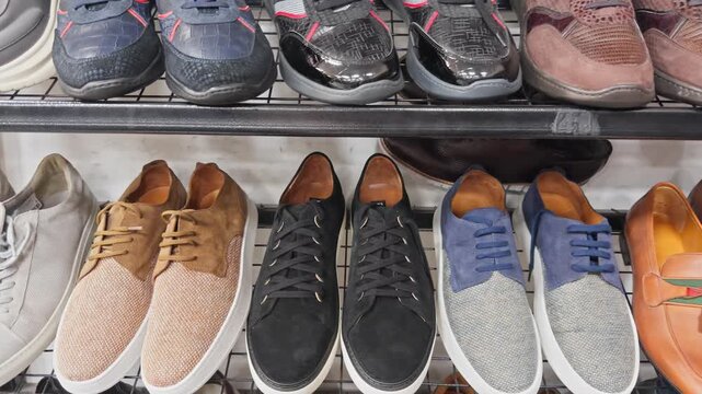 Cinematic 4K footage of men's shoes neatly arranged on metal shelves in a retail store. Loafers, oxfords, sneakers and moccasins in various colors and materials on display.