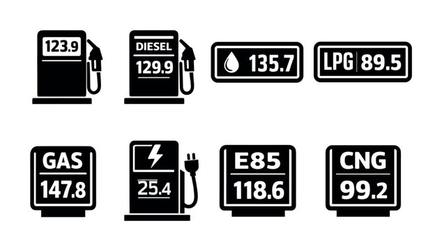 Fuel prices displayed on gas station signs for various energy types
