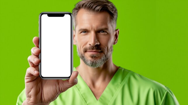 Ein l&auml;chelnder Mann mittleren Alters in gr&uuml;ner Arbeitskleidung h&auml;lt ein Smartphone mit leerem wei&szlig;en Bildschirm vor gr&uuml;nem Hintergrund.