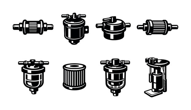 Collection of various automotive fuel filters and strainers in black and white