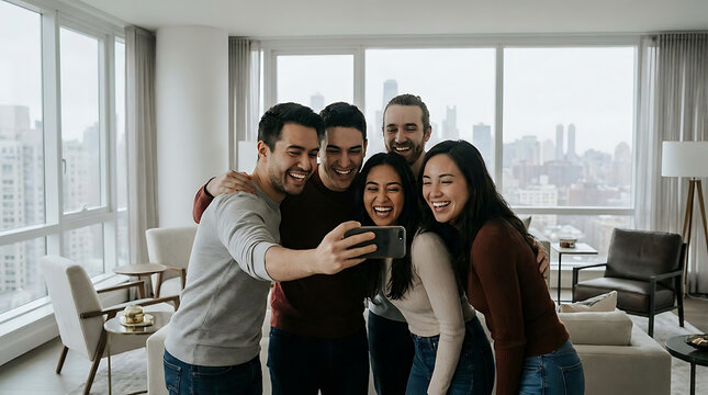 Diverse group of young friends taking a happy selfie together inside a modern high-rise city apartment