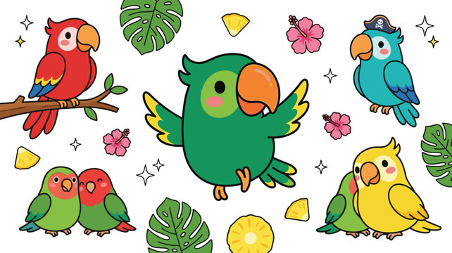 Cute Kawaii Tropical Parrot Character Set with Pirate Macaw Lovebird Monstera Hibiscus and Pineapple Summer Vector Illustration