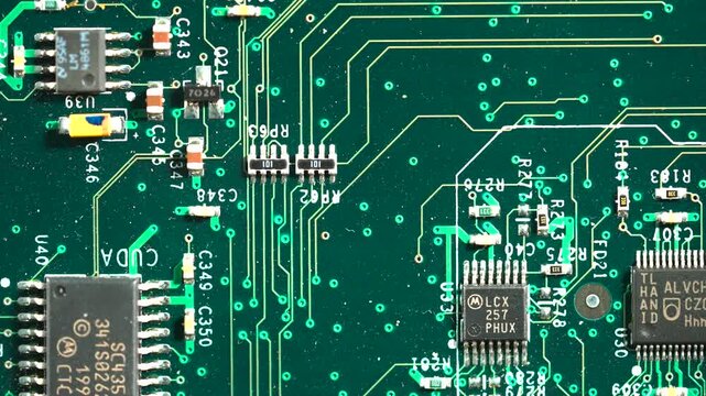 High angle detailed shot of a green computer motherboard showing transistors and integrated circuits.