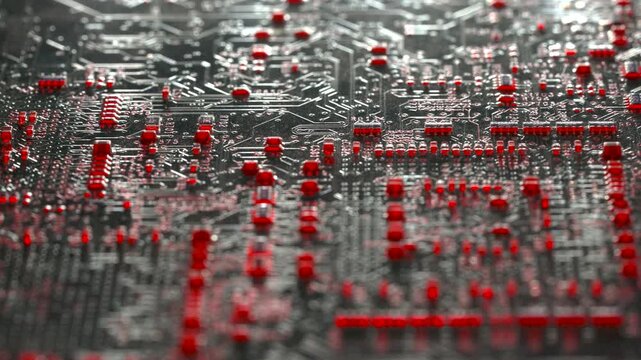 Close up shot of a notebook motherboard with red cinematic lighting reflecting on microchips and circuits.