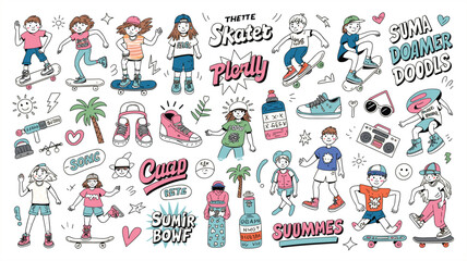 Hand drawn skateboard and roller skating summer doodle collection with trendy youth characters and urban street style vector illustration © MstSabera