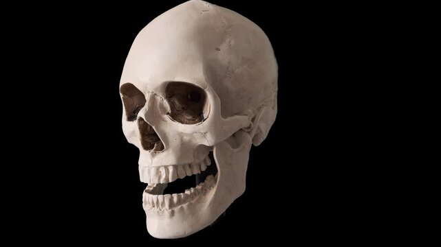 Detailed human skull rotating slowly in dark isolated studio scene with black background. Anatomical skeleton head turning for forensic, halloween, gothic and medical themed visuals.