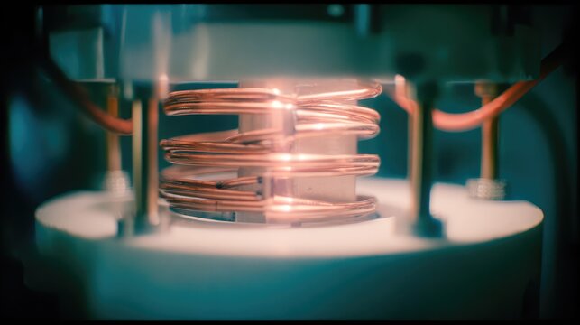 Copper coil radiating energy within an induction heater, creating an electromagnetic field for efficient and precise material processing and industrial applications