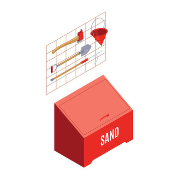 Red sand fire box isometric icon with tools displayed on a wall panel shows fire safety equipment for emergency response