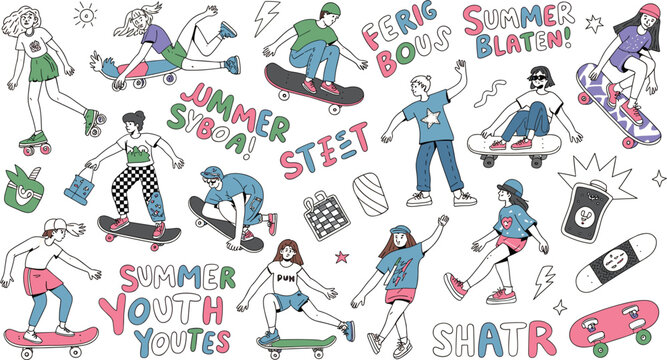 Hand drawn skateboard and roller skating youth doodle collection with summer street style characters and urban vector illustration