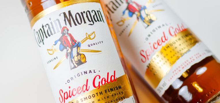 LONDON, UK - 19 MARCH 2024 A bottle of the popular Captain Morgan Original Spiced Gold Rum, a blend of the best Caribbean rums with bold spices and natural flavors