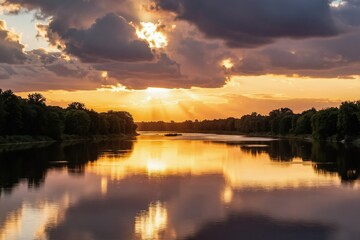 Fototapeta premium Golden sun rays break through dark clouds at sunset reflecting on calm river water. Lush green forest lines riverbanks. Peaceful summer evening.