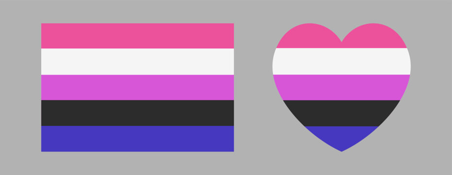 Gender fluid flag sticker, icon in rectangular, heart shape. LGBT community heart shaped symbol, badge, button, banner, background. Set of heart, square flag of sexual minorities.
