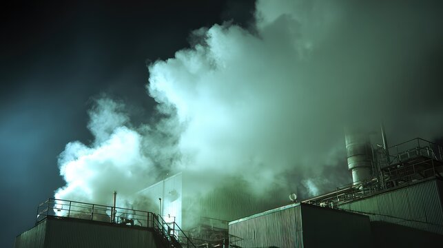 Industrial factory complex at night belching thick smoke and steam into the sky, highlighting severe air pollution, emissions and environmental impact from heavy industry
