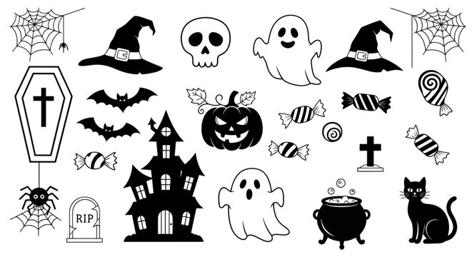 Halloween Clipart Scene with Ghosts, Bats, Haunted House, Pumpkins and Spiders.