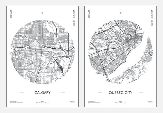 Travel poster, urban street plan city map Calgary and Quebec, vector illustration