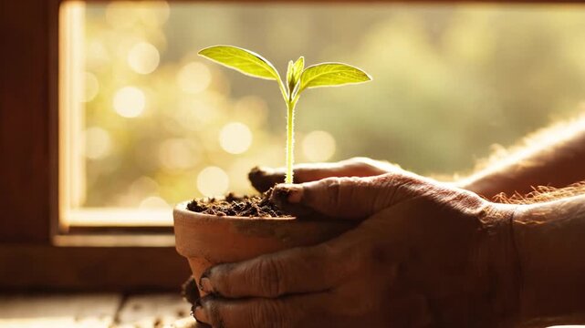 Senior hands planting green seedling in pot by sunny window