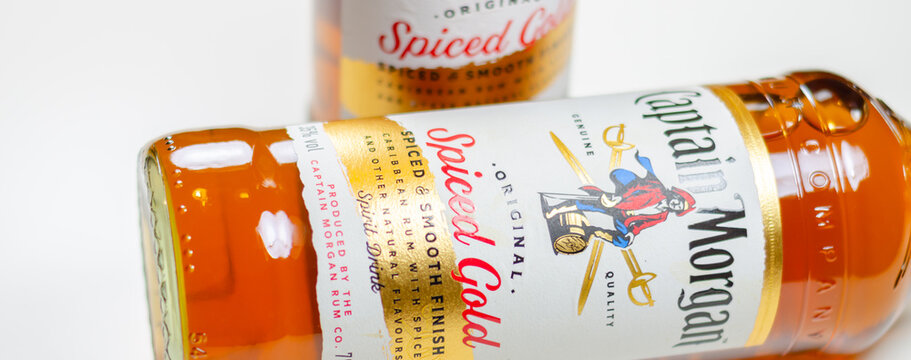 LONDON, UK - 19 MARCH 2024 A bottle of the popular Captain Morgan Original Spiced Gold Rum, a blend of the best Caribbean rums with bold spices and natural flavors