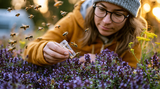 Bee population monitoring station in an agricultural field, a researcher holding a collection vial near a flowering cover crop as dozens of native bees hover around the blooms in warm golden light, 