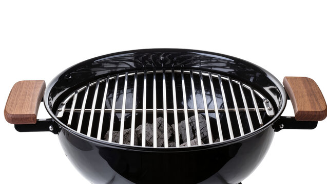Isolated black round charcoal barbecue grill with chrome cooking grate and wooden handles