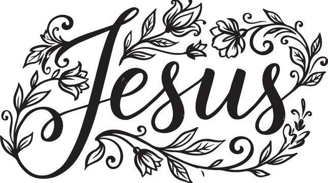 Elegant Religious Calligraphy Featuring Jesus with Floral Design