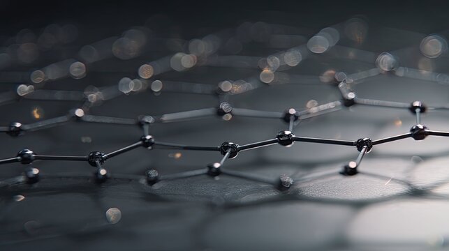 Graphene carbon atoms connecting in a hexagonal lattice structure, creating a modern nanotechnology and scientific background for advanced materials and physics research