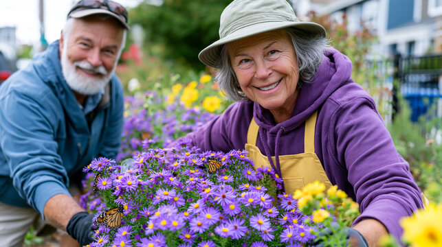 Elderly couple tending a native wildflower corridor along a suburban fence, rows of milkweed and aster attracting monarch butterflies in the warm afternoon light, ideal for pollinator gardening, and