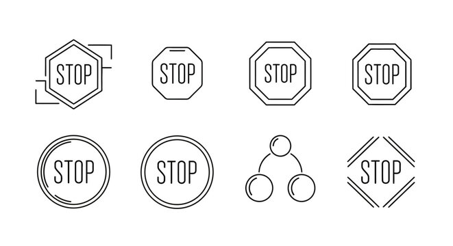 Set of minimalist stop sign icons with various geometric border styles