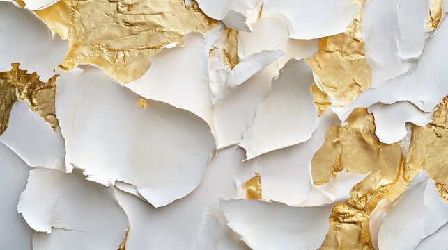 白い破れた紙の層と金色の背景の抽象的なテクスチャ。豪華なデザインの壁紙素材。コピースペース