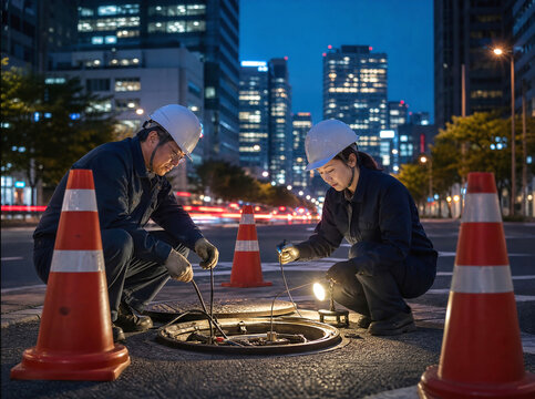 야간 도로 정비 작업 / Night Road Maintenance