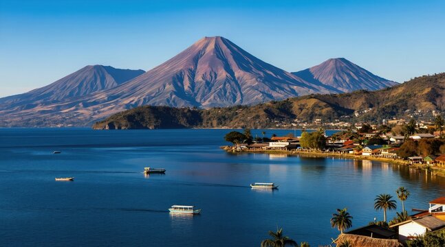 Boats sail on deep blue Atitlan lake below giant volcanoes. Town sits on shore with palm trees. Clear sky shines on Guatemalan landscape. Travel destination.