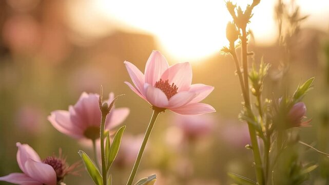 Soft Pink Flowers in Golden Light Loop