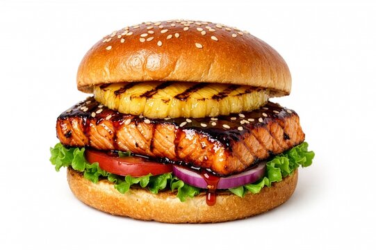 Grilled Salmon Teriyaki Burger with Pineapple on a White Background