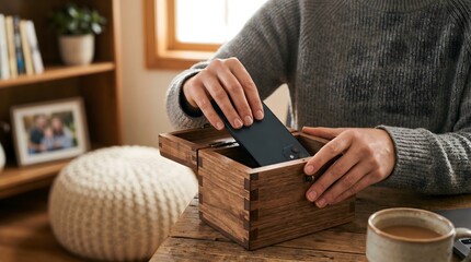 Obraz premium Mindful productivity at home office scene with person placing smartphone in wooden box for digital detox. Focus on work with copy space and calm mood and lighting.