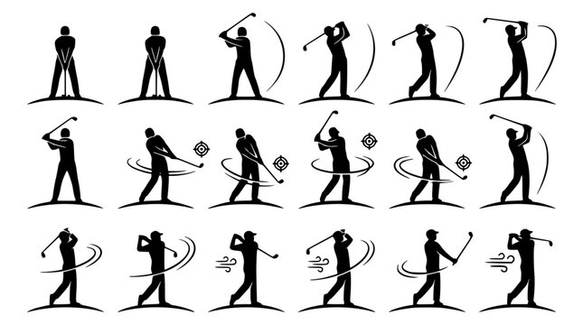 Silhouette golf player poses with various swings and movements