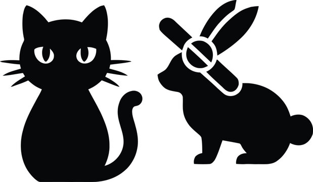 Black silhouette illustration of a cute domestic cat and a fluffy rabbit sitting together on white background.