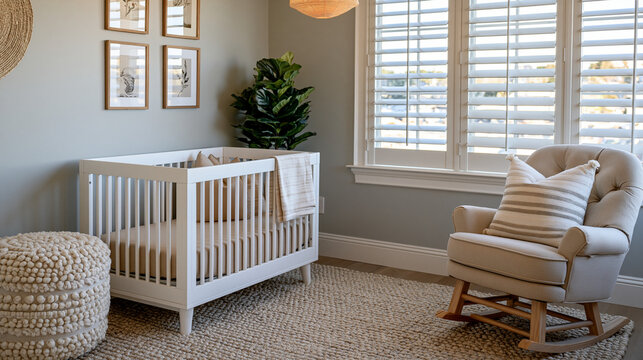 Empty luxury nursery in an upscale home, late afternoon light streaming through plantation shutters onto an unused crib, a single folded blanket, and a rocking chair angled toward the window, the ac