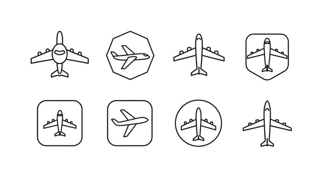 Set of plane icons in various shapes for travel and transport