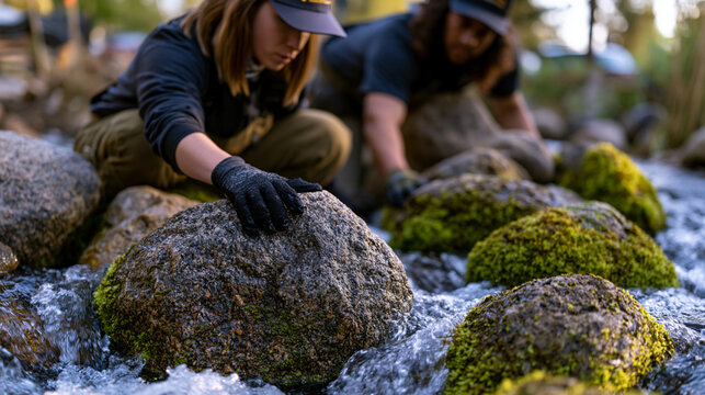 River restoration crew placing boulder clusters into a rewilded stream channel, water rushing around mossy stones while a couple coordinates placement from opposite banks at golden hour, perfect for