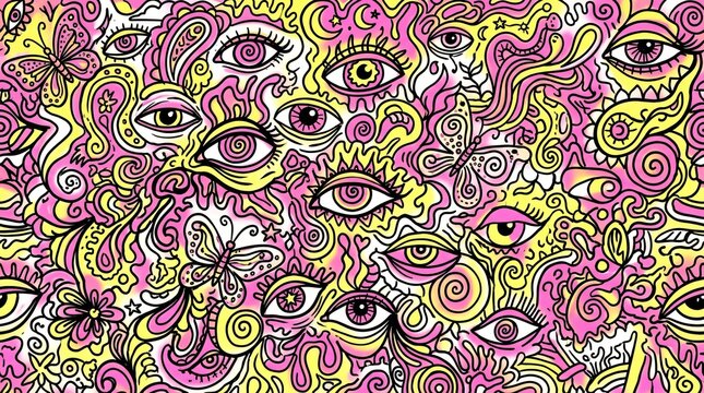 Psychedelic illustration of eyes and butterflies in swirling abstract patterns vibrant pink and yellow