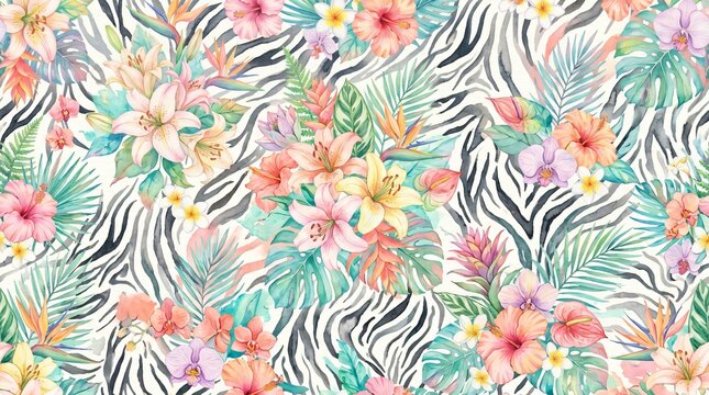 Tropical floral pattern watercolor painting with zebra stripes background vibrant exotic flowers and leaves