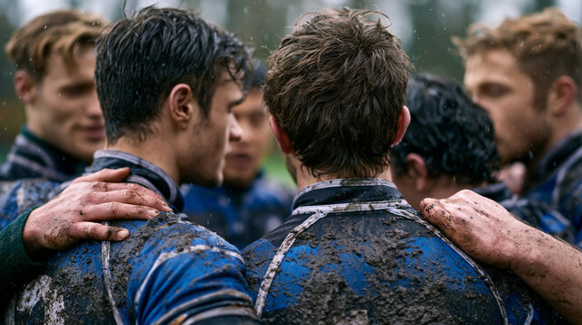 Rugby squad locked in a post-match huddle on a rain-soaked pitch, mud-streaked jerseys pressed together, voices rising in unison, raw brotherhood captured in stillness, perfect for team sports, cama