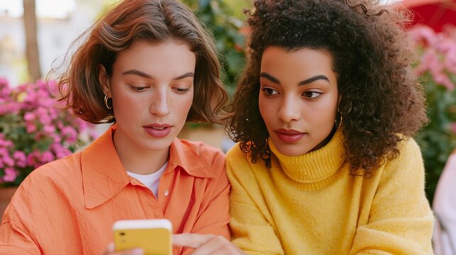 Two friends, one with short hair in an orange shirt and the other with curly hair in a yellow sweater, look at a smartphone together in a cafe surrounded by flowers