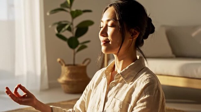Young Asian woman meditating in sunny home living room