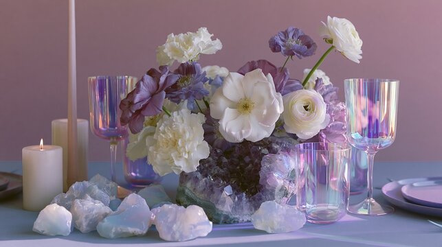 Purple opal wedding tablescape featuring floral arrangement, candles, and iridescent glassware on a blue tablecloth in an elegant setting