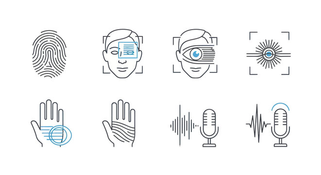 Biometric identification icons set for digital security and access control systems.