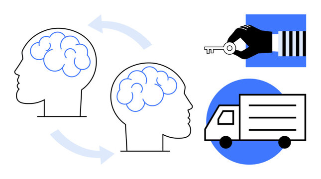 Knowledge transfer, ownership shifting, logistics management, intellectual property, security, business planning. Two brains with arrows, hand holding key truck. Knowledge transfer and ownership